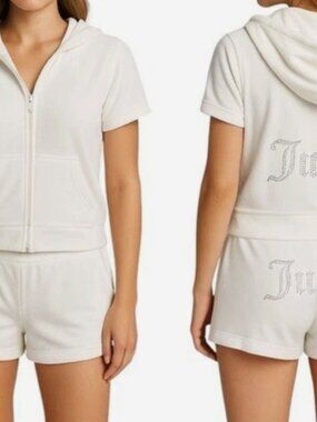 Juicy Couture White Terry Set, Short Sleeve Zippered Hoodie & Shorts, Sz XL